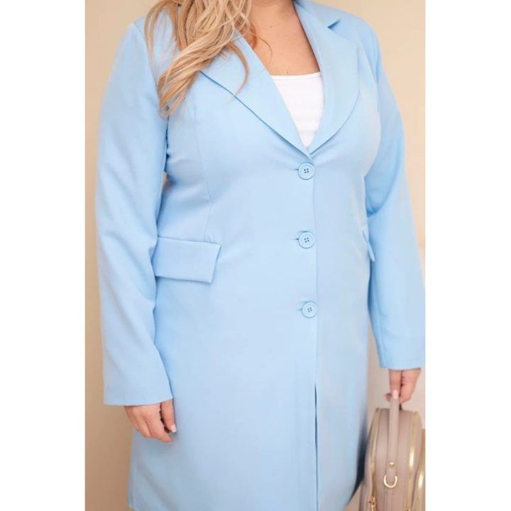 Moteriškas Plus Size ilgas paltas su apykakle, mėlynos spalvos
