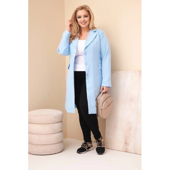 Moteriškas Plus Size ilgas paltas su apykakle, mėlynos spalvos