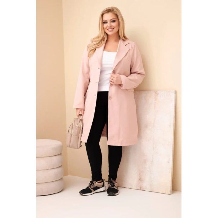 Moteriškas Plus Size paltas su apykakle ir kišenėmis, pudrinės rožinės spalvos