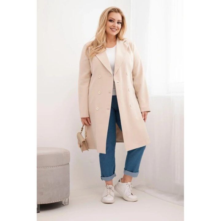 Moteriškas Plus Size dvieilis paltas su apykakle, smėlio spalvos