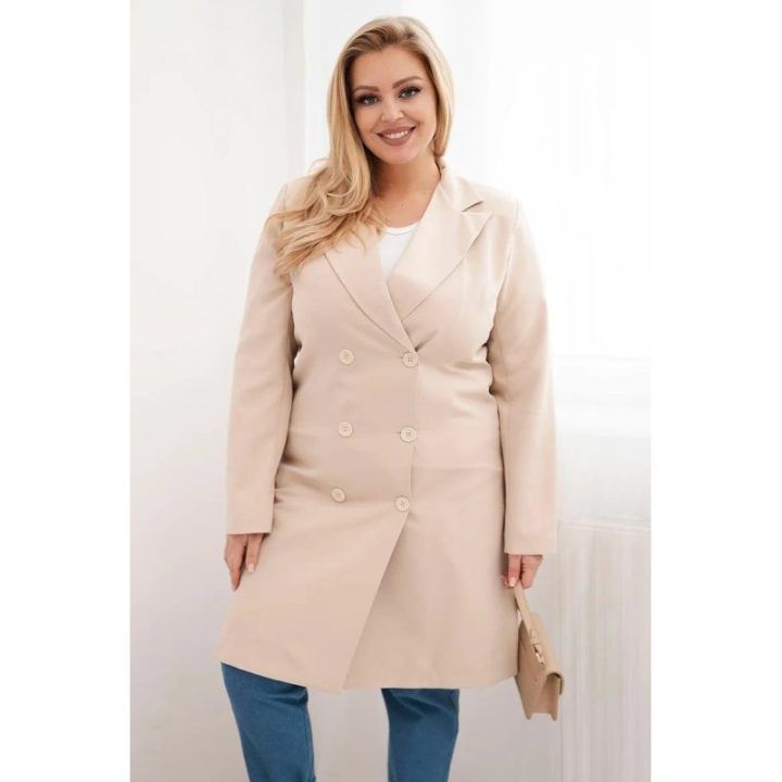 Moteriškas Plus Size dvieilis paltas su apykakle, smėlio spalvos