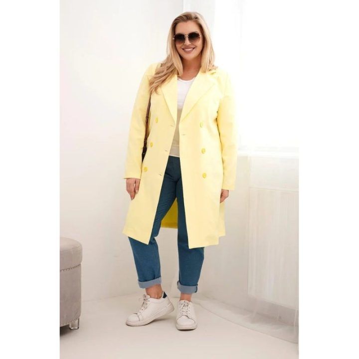 Moteriškas Plus Size paltas su apykakle, geltonos spalvos
