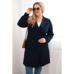 Moteriškas Plus Size paltas su apykakle, tamsiai mėlynos spalvos