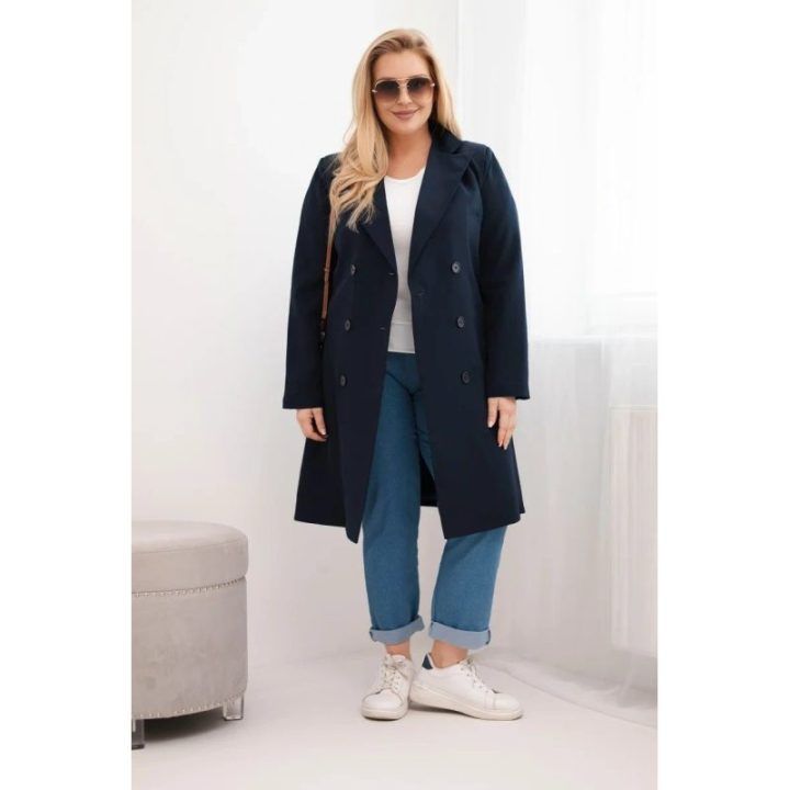 Moteriškas Plus Size paltas su apykakle, tamsiai mėlynos spalvos