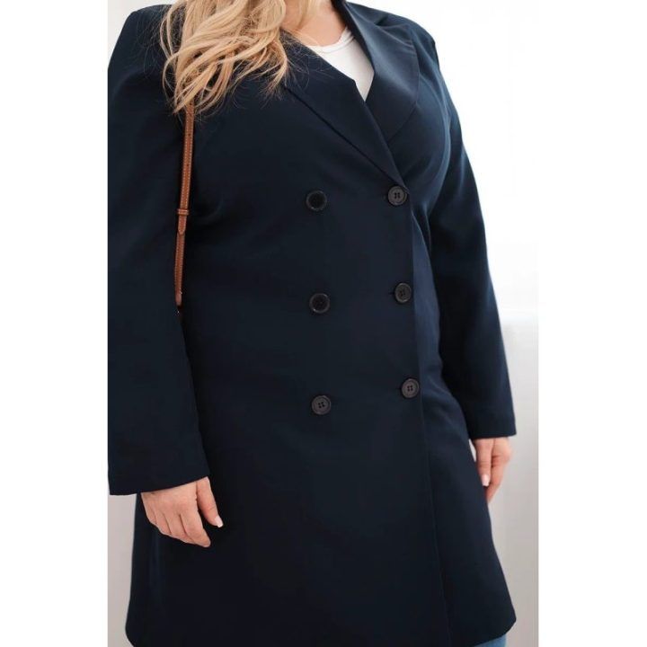 Moteriškas Plus Size paltas su apykakle, tamsiai mėlynos spalvos