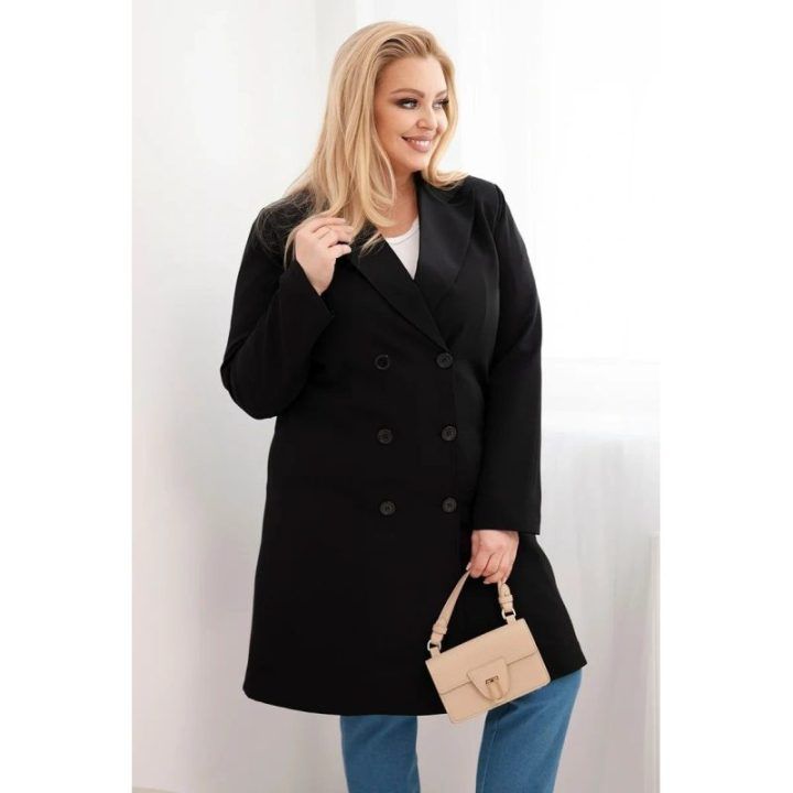 Moteriškas Plus Size dvieilis paltas su apykakle, juodos spalvos
