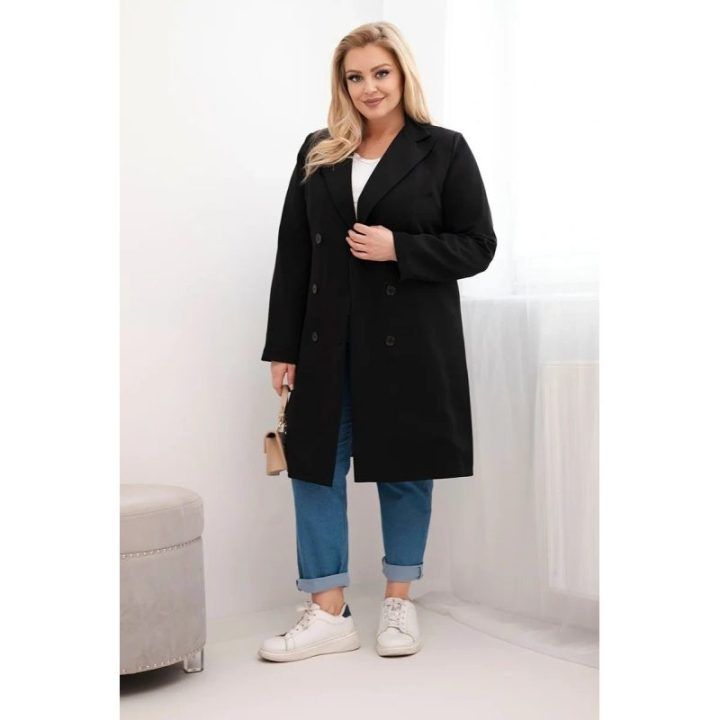 Moteriškas Plus Size dvieilis paltas su apykakle, juodos spalvos