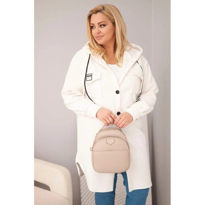 Moteriškas Plus Size paltas su gobtuvu, šviesiai smėlio spalvos