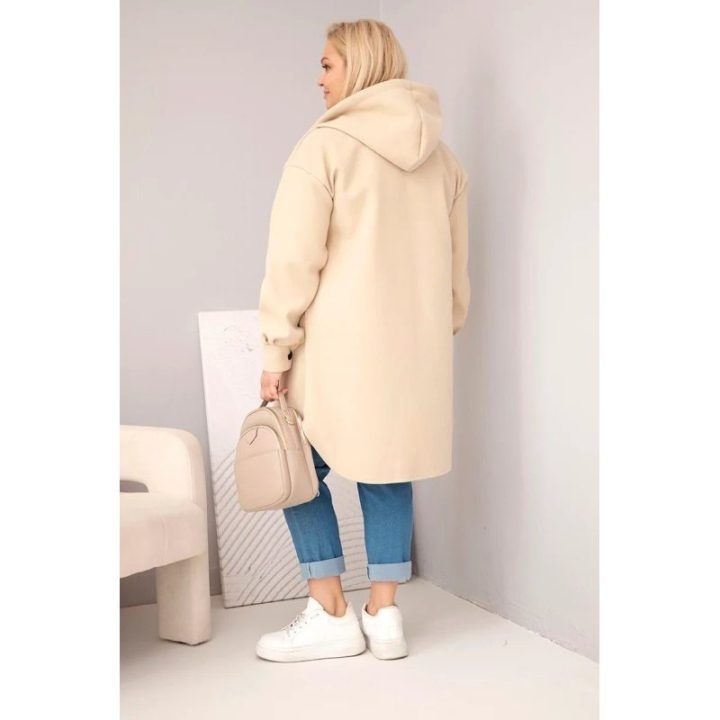 Moteriškas Plus Size paltas su gobtuvu ir sagomis, tamsiai smėlio spalvos