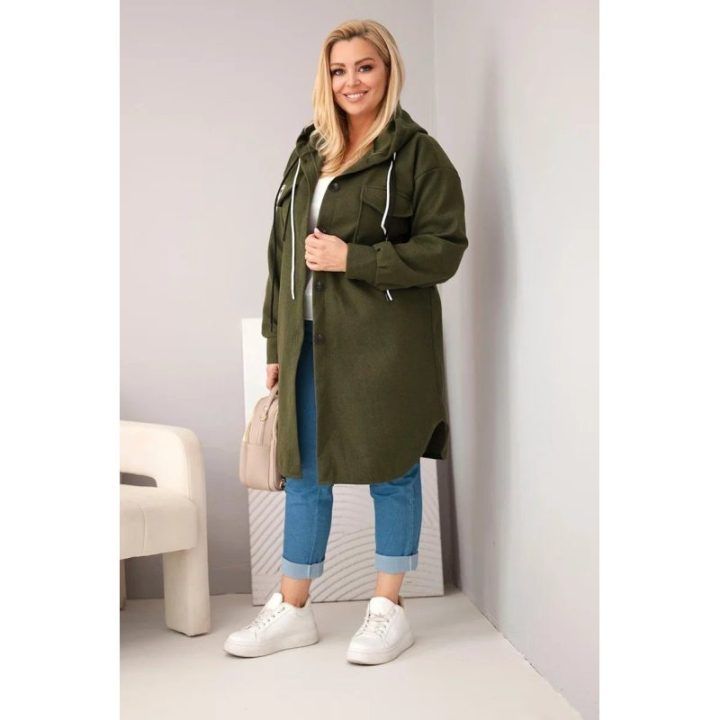 Moteriškas Plus Size paltas su gobtuvu ir sagomis, chaki spalvos