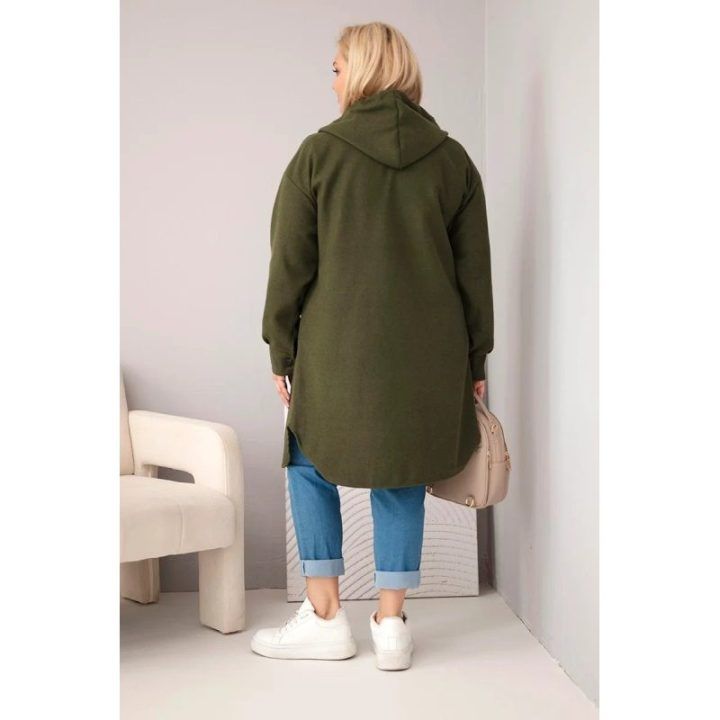 Moteriškas Plus Size paltas su gobtuvu ir sagomis, chaki spalvos