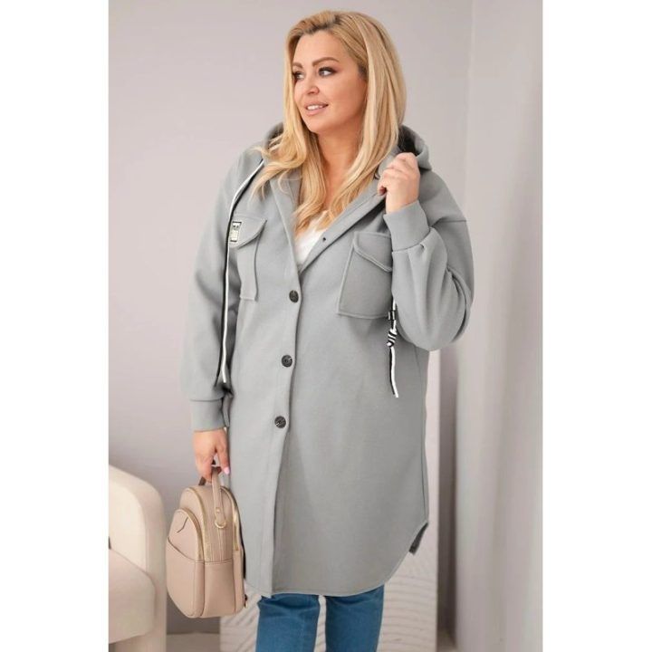 Moteriškas Plus Size paltas su gobtuvu, pilkos spalvos