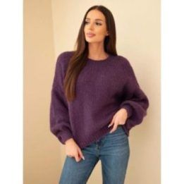 Moteriškas oversize megztinis su apvalia iškirpte, violetinis