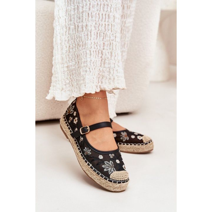 Moteriškos juodos espadrilės su gėlių siuvinėjimu