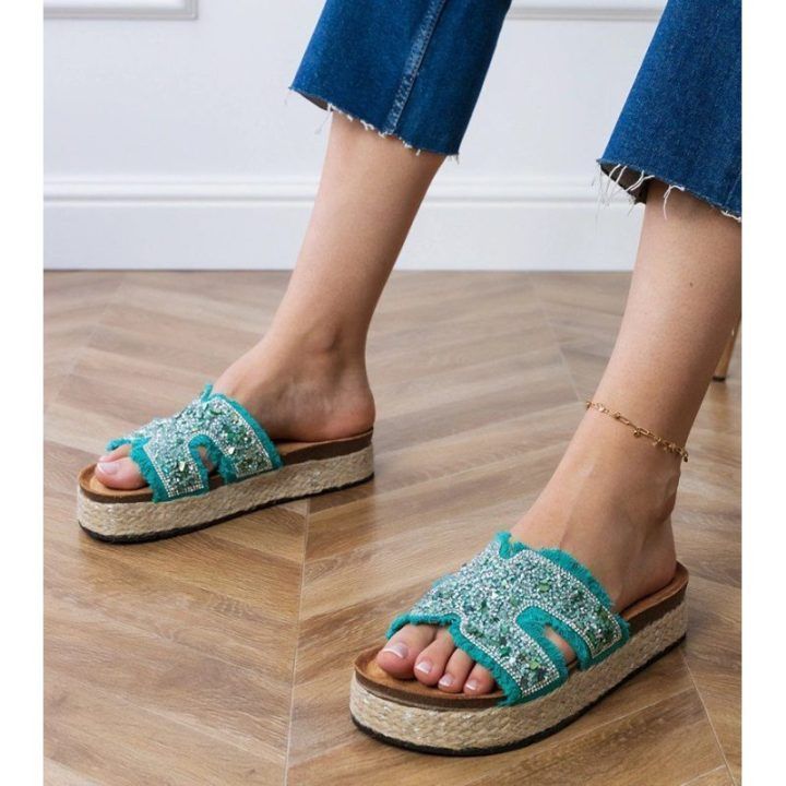 Espadrilės žalios šlepetės su platforma ir cirkoniais