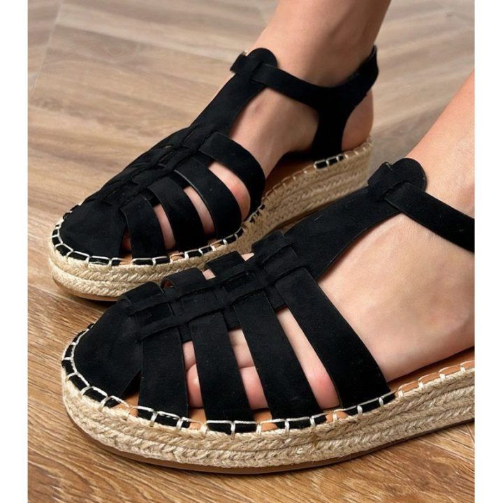 Juodi moteriški espadrilės tipo sandalai iš eko zomšos
