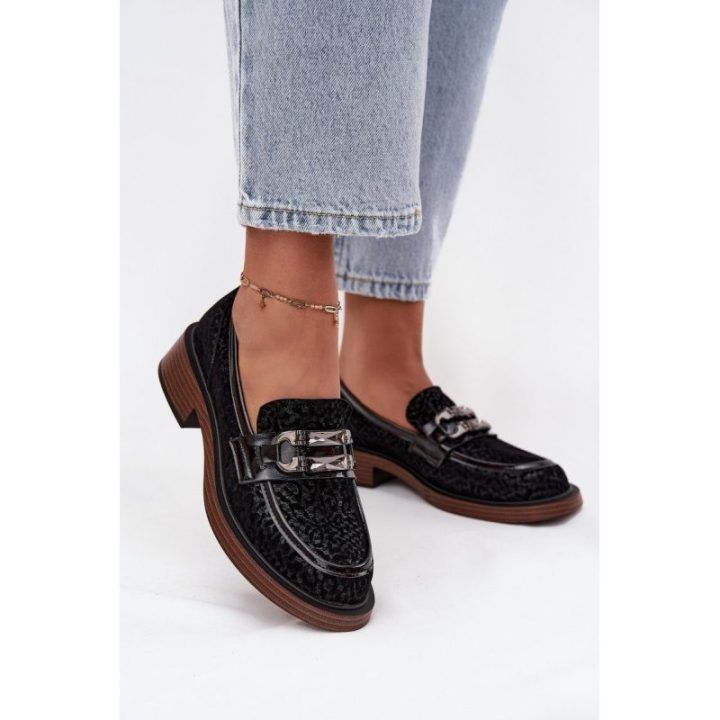 Suede Women's Loafers with Decoration D&A MR52-176 Black