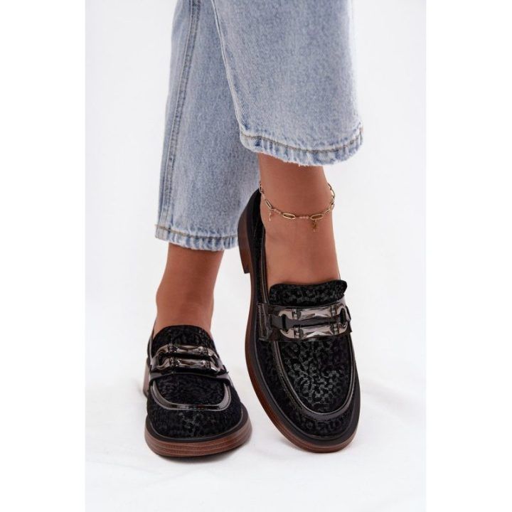 Suede Women's Loafers with Decoration D&A MR52-176 Black