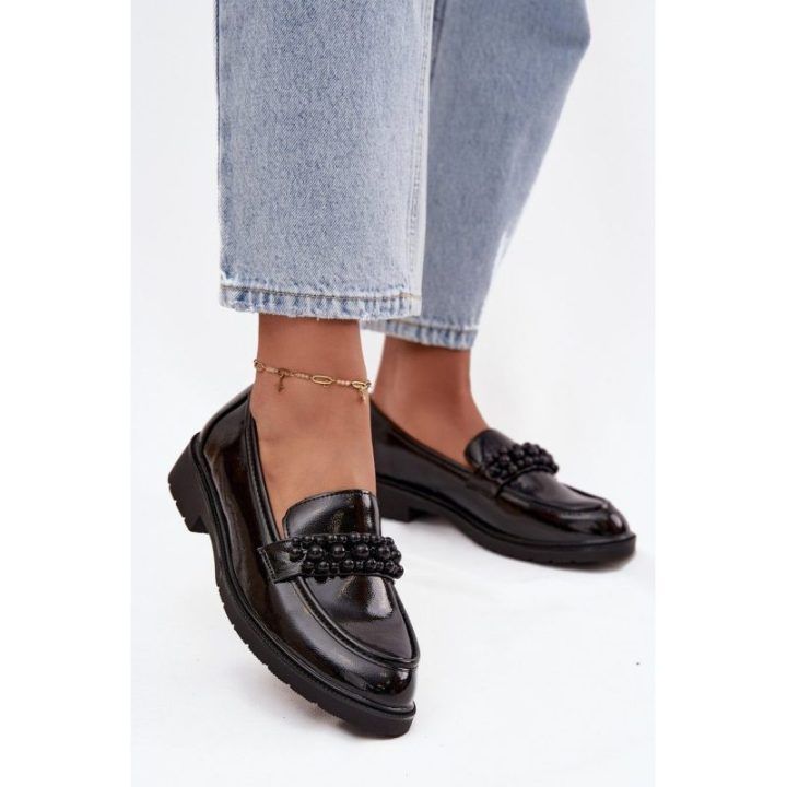 Women's Patent Loafers With Beads S.Barski HY52-541 Black