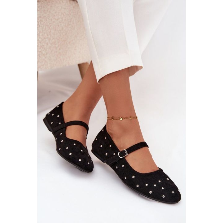Balerinos su dirželiu ir dekoratyviniais žvyneliais, juodos