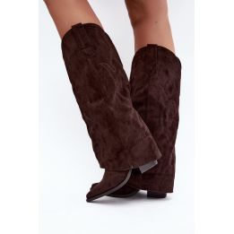 Ilgaauliai batai su kaubojišku aulu ir blokiniu kulnu, tamsiai rudi
