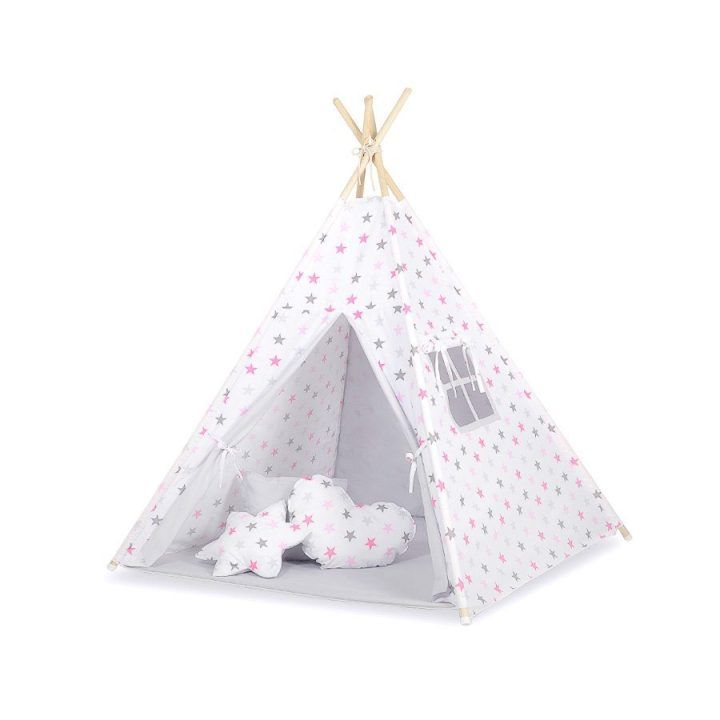 Vaikiška tipi palapinė su kilimėliu ir dekoracijomis – pilka/rožinė