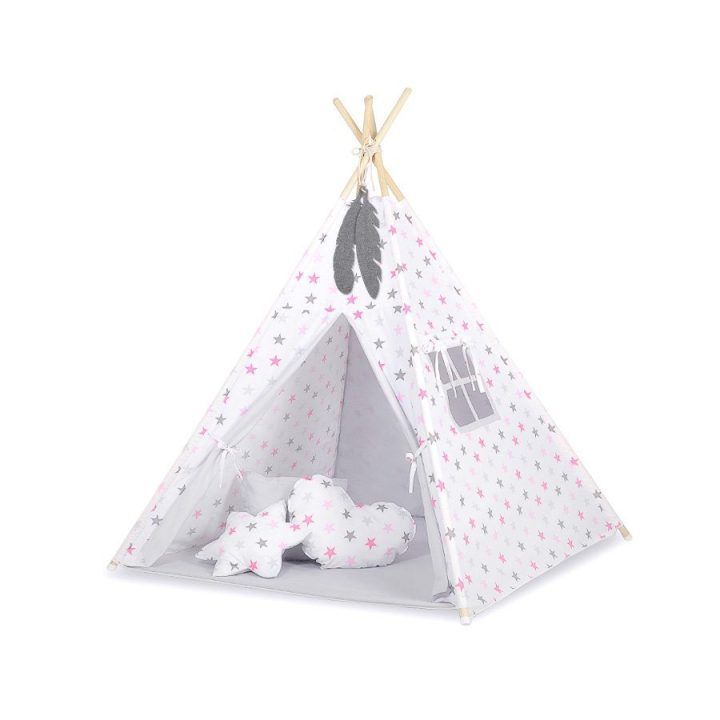 Vaikiška tipi palapinė su kilimėliu ir dekoracijomis – pilka/rožinė