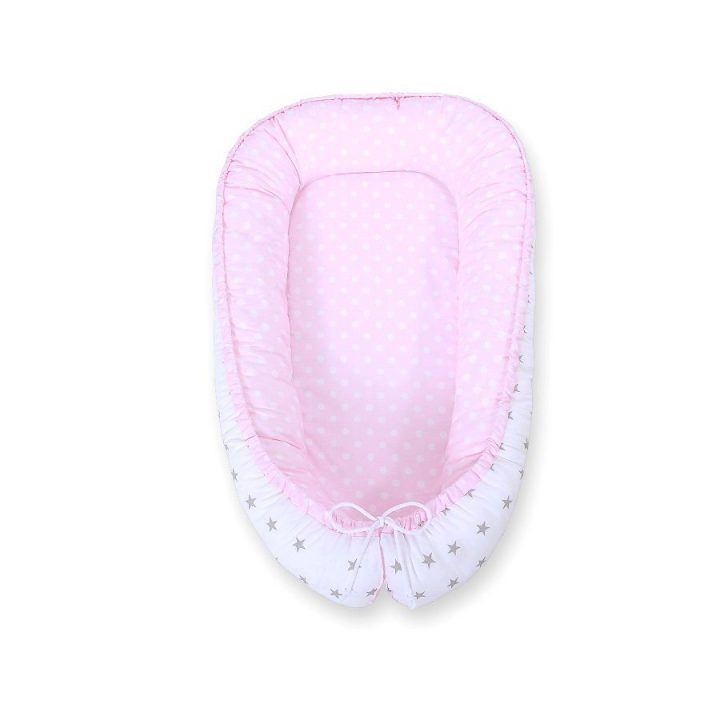 Kūdikio lizdelis dvipusis rožinis su pilkomis žvaigždutėmis