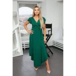 Kokteilinė žalia suknelė su diržu ir trumpomis rankovėmis Jersa