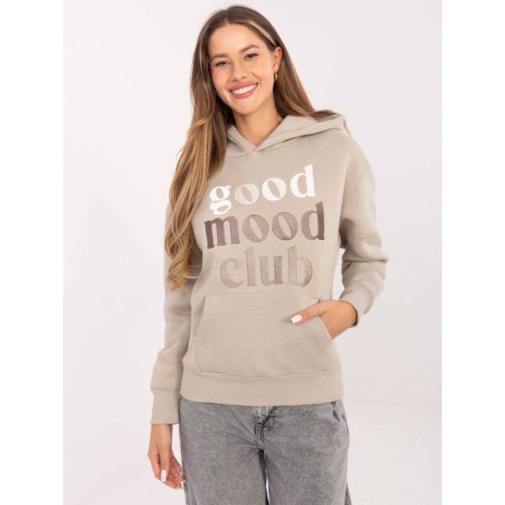 Džemperis su gobtuvu smėlio spalvos su užrašu kasdienai Good Mood Club