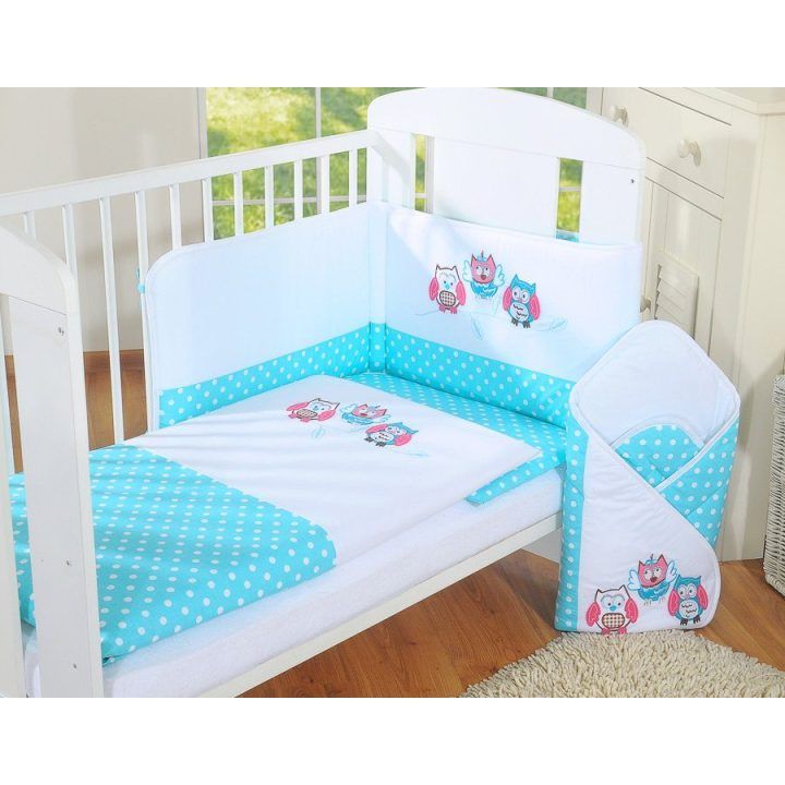 Kūdikio patalynės komplektas su apsauga 120x90 cm, žydras su pelėdomis – My Sweet Baby