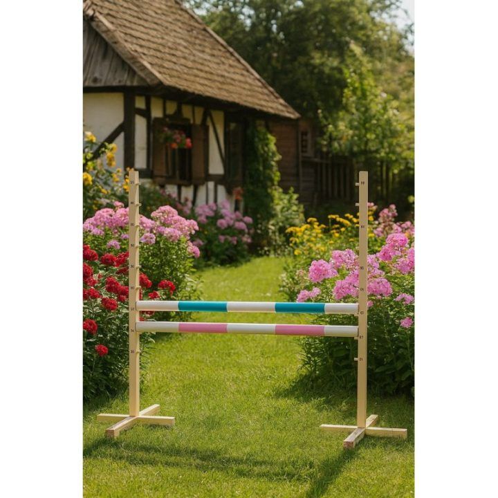 Šuolių kliūtis hobby horse žaidimui 120 cm šviesiai mėlyna ir rožinė