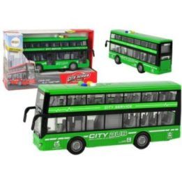 Žalias dviejų aukštų žaislinis autobusas su šviesomis ir garsu