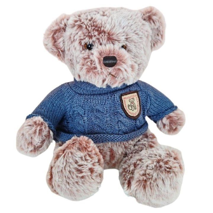 Pilkas pliušinis meškiukas su mėlynu megztiniu, 21 cm