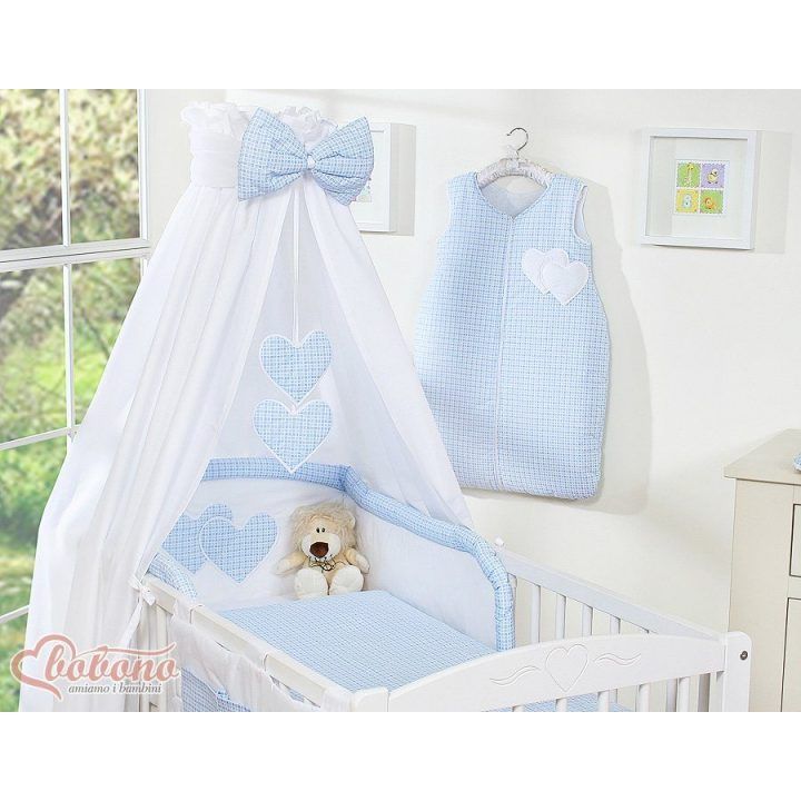 Mėlyvas patalynės komplektas kūdikiui su baldakimu, 5 dalių
