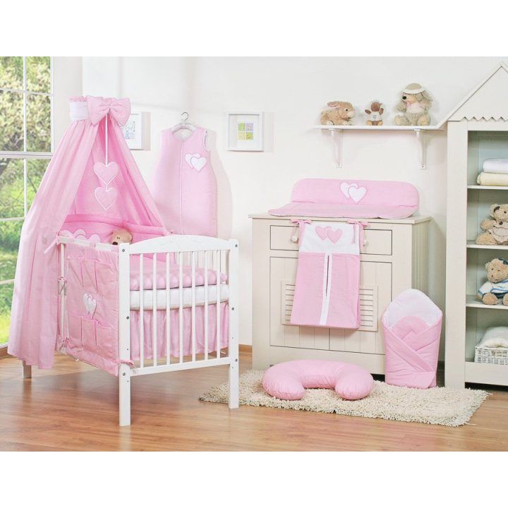 Bedding set 5-pcs with canopy- Hanging Hearts pink