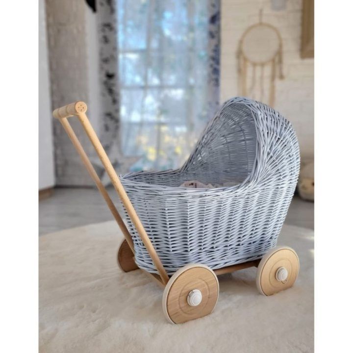 Lėlių vežimėlis pintas mėlynas su medinėmis detalėmis Wicker