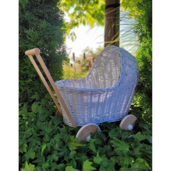 Lėlių vežimėlis pintas mėlynas su medinėmis detalėmis Wicker