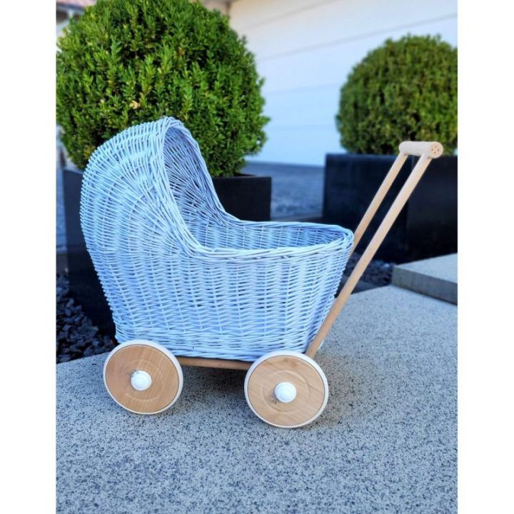 Lėlių vežimėlis pintas mėlynas su medinėmis detalėmis Wicker