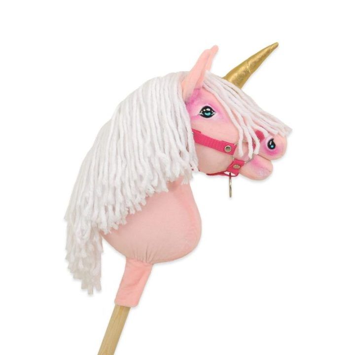 Hobby Horse vienaragis ant lazdos rožinis su balta karčiene ir auksiniu ragu