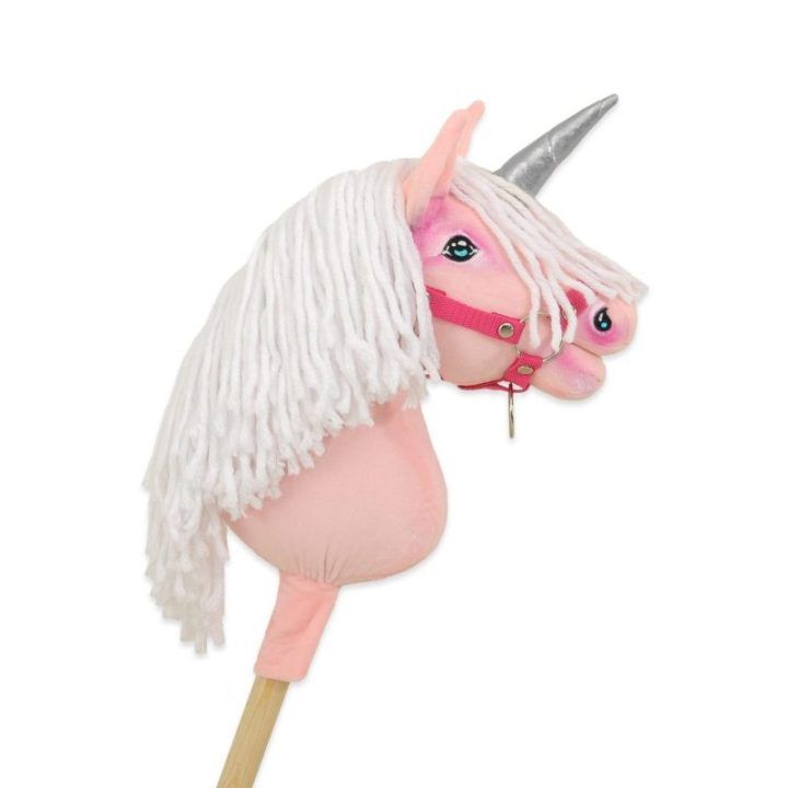 Hobby Horse vienaragis ant lazdos rožinis su balta karčiene ir sidabriniu ragu