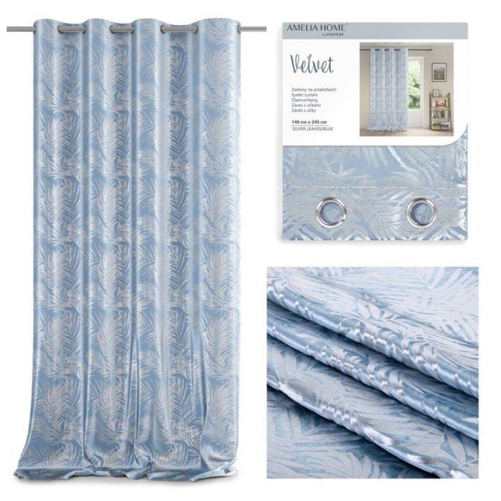 Užuolaida su lapų raštu šviesiai mėlyna Velvet Amelia Home