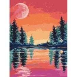 Tapyba pagal skaičius Rožinis mėnulis virš miško ežero 30 × 40 cm