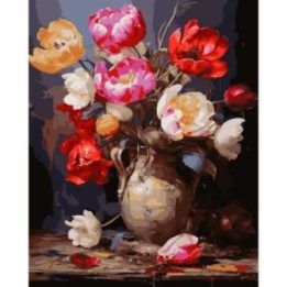 Tapyba pagal skaičius: raudonų ir rožinių bijūnų puokštė 40 × 50 cm