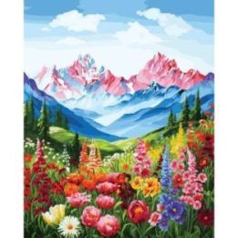 Tapyba pagal skaičius — Gėlės ir kalnų vaizdas, 40 × 50 cm