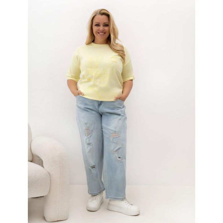 Šviesiai geltoni moteriški plus size marškinėliai