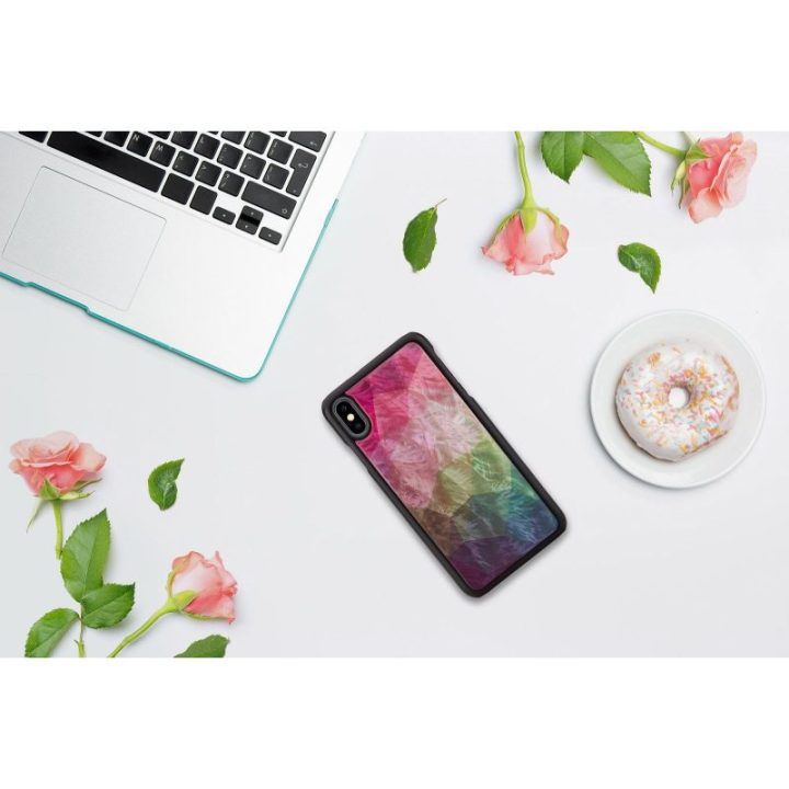 Juodas telefono dėklas iPhone XS Max su gėlių raštu