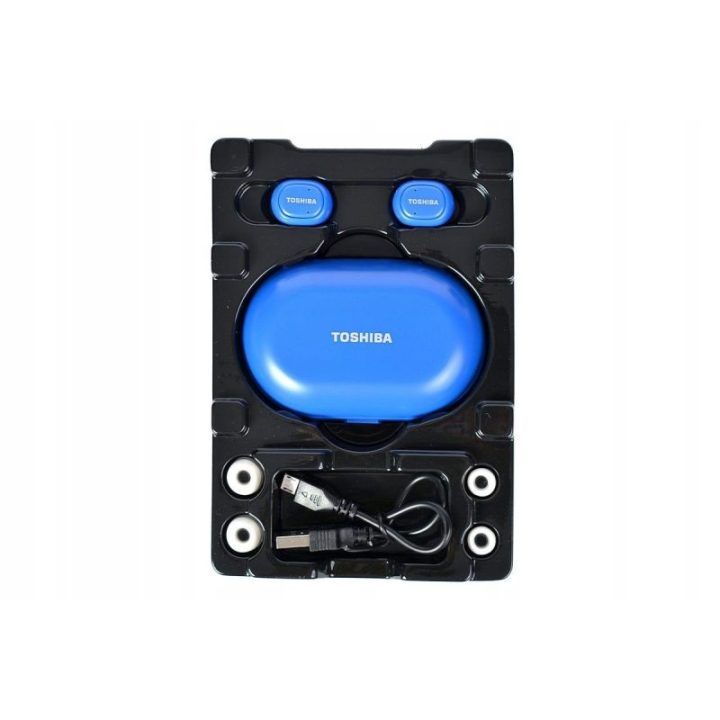 Mėlynos Bluetooth ausinės su įkrovimo stotele Toshiba RZE-BT900E