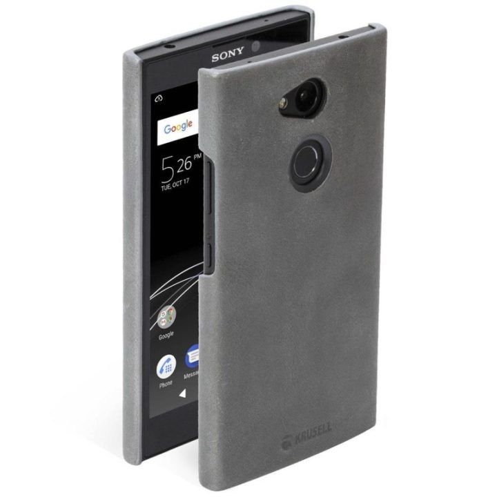 Pilkas odinis telefono dėklas Sony Xperia L2