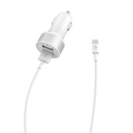 Baltas automobilinis įkroviklis su „Lightning“ laidu, 2x USB, 2,4 A